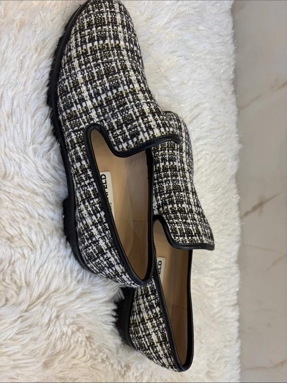 Karl Lagerfeld Black & White Tweed Slip-On Loafers with Black Trim